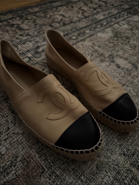 CHANEL Shoes - CHANEL Beige Leather Espadrilles with Black Cap Toe